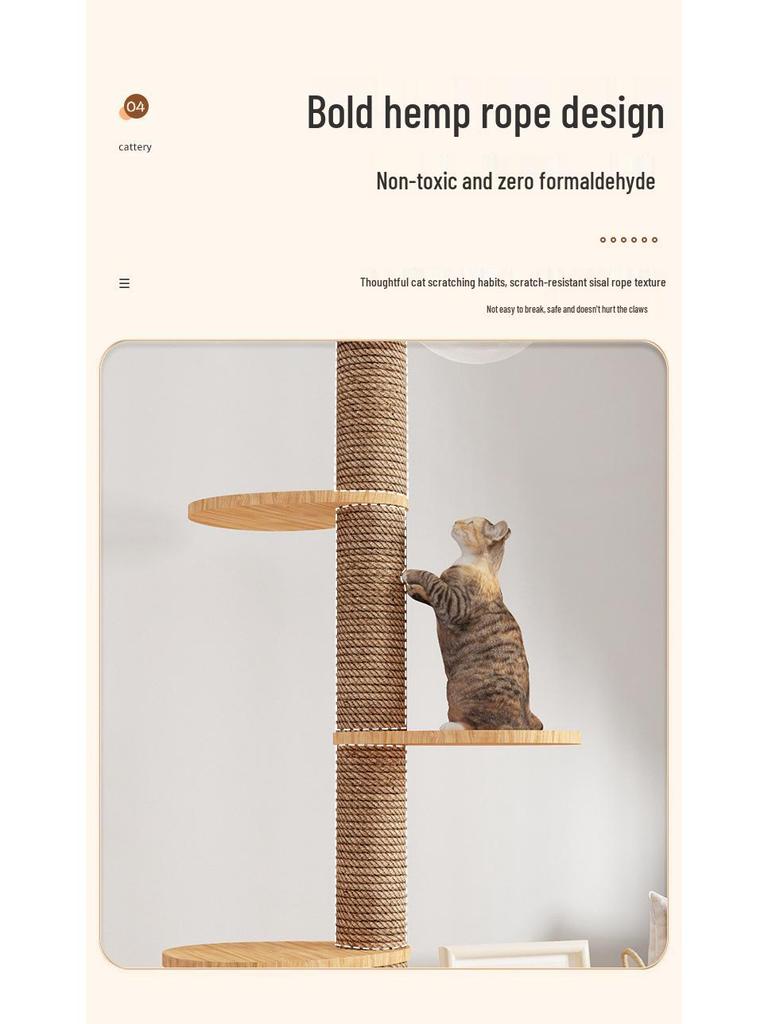 Boden-bis-Decke Katzenkratzbaum mit Raumkapsel & Kratzstamm, Massivholz, Vier Etagen, Katzenkletterspielzeug