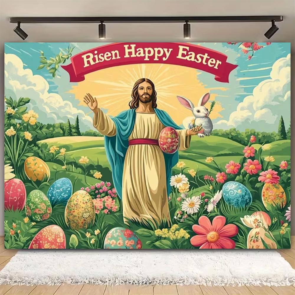 Easter Religion Jesus Theme Party Decoration Photography Background, Easter Egg Rabbit Banner Photography Studio Backdrop Cloth Vinyl 75X50cm