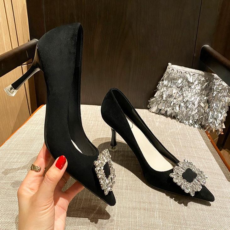 High Heels Women's Fashion Thin Heels Single Shoes New Pointed Head Shallow Mouth Suede Rhinestone Square Buckle Women's Shoes