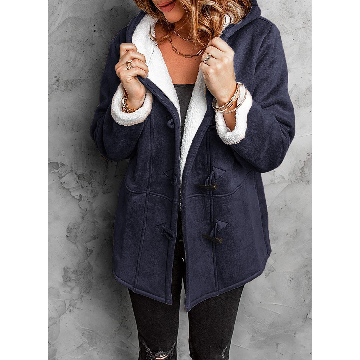 

Зимнее женское полушубок средней длины, куртка со съемным воротником из искусственного меха и карманами, простой однотонный повседневный кардиган на пуговицах для ежедневной носки 2XL темно-синий