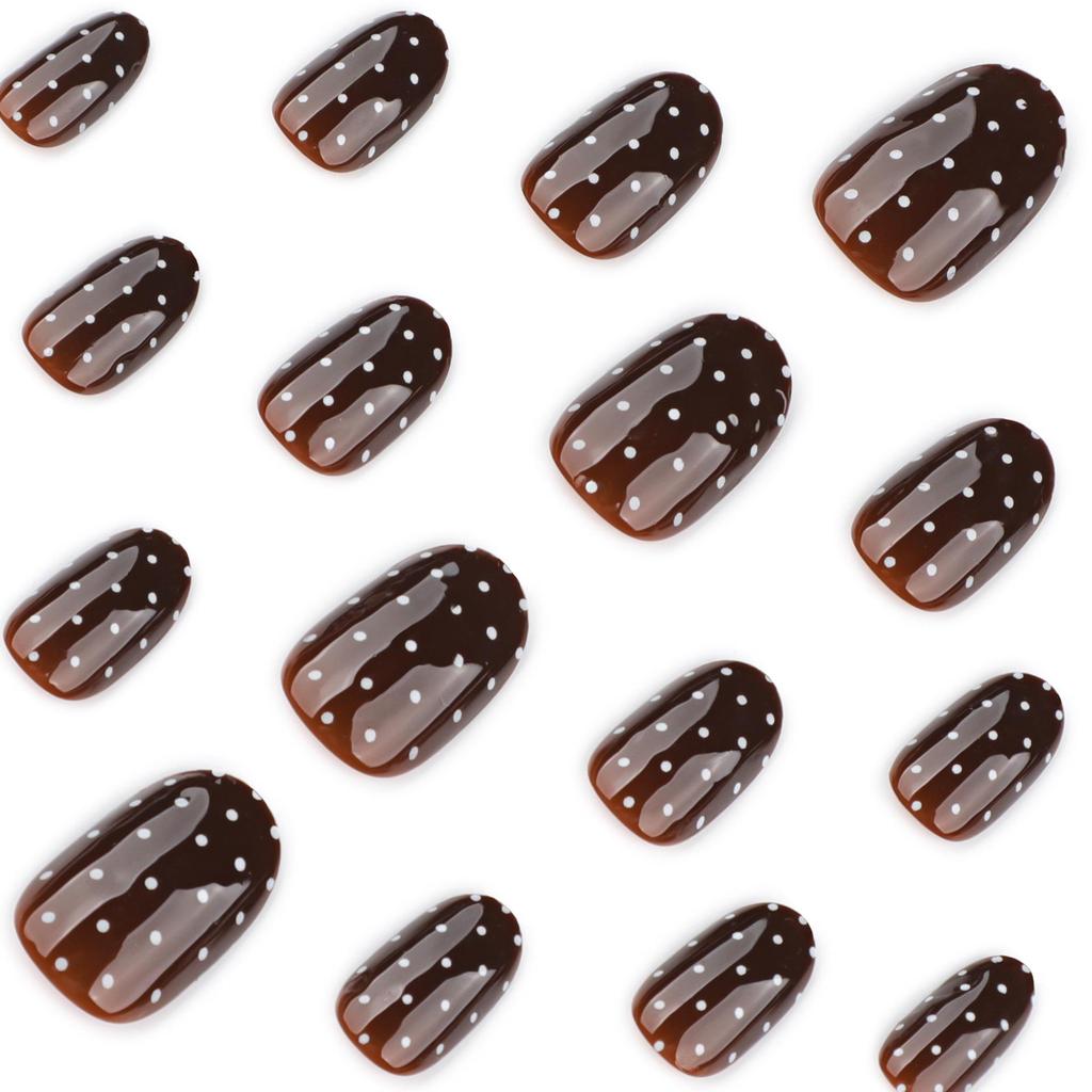 Brown Series Autumn/Winter Wearable Nail Art - Short Round False Nails with White Polka Dots