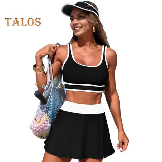 

2 шт./комплект женский танкини комплект с низким О-образным вырезом рукава майки с утягивающим животом боковые разрезы юбки комплект пэчворк цветной купальник S чёрный