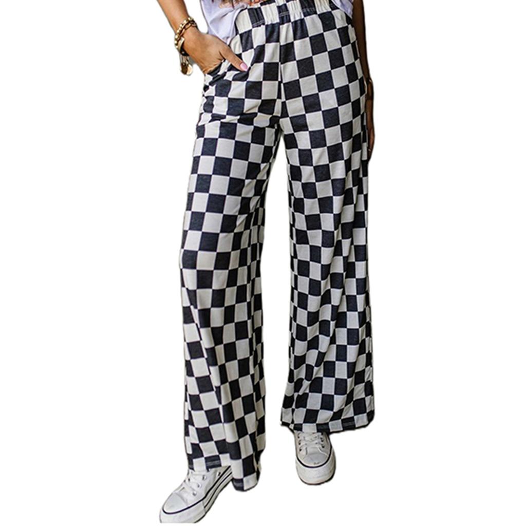 Women Wide-Leg Pants Checkerboard Elastic Waist Loose Trousers Spring Summer Casual Sweatpants Bottoms