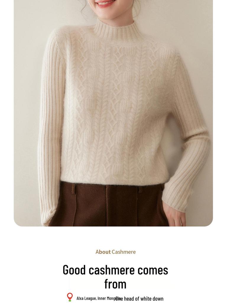 Women's Cable Knit Cashmere Pullover - Thick Half-High Neck Solid Color Sweater for Autumn/Winter