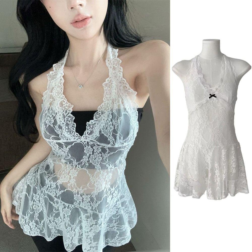 Transparent Lace-up Short Skirts A-line Dresses Women Fashion Lace Halter Dress Party