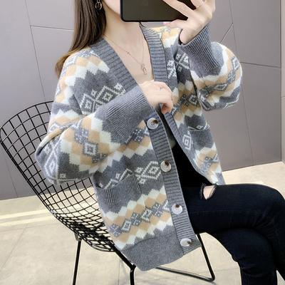 Autumn and Winter New Knitted Cardigan Retro Rhombus Lattice Lazy Wind Loose Sweater Jacket Women