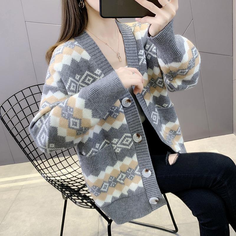 Autumn and winter new knitted cardigan retro rhombus lattice lazy wind loose sweater jacket women