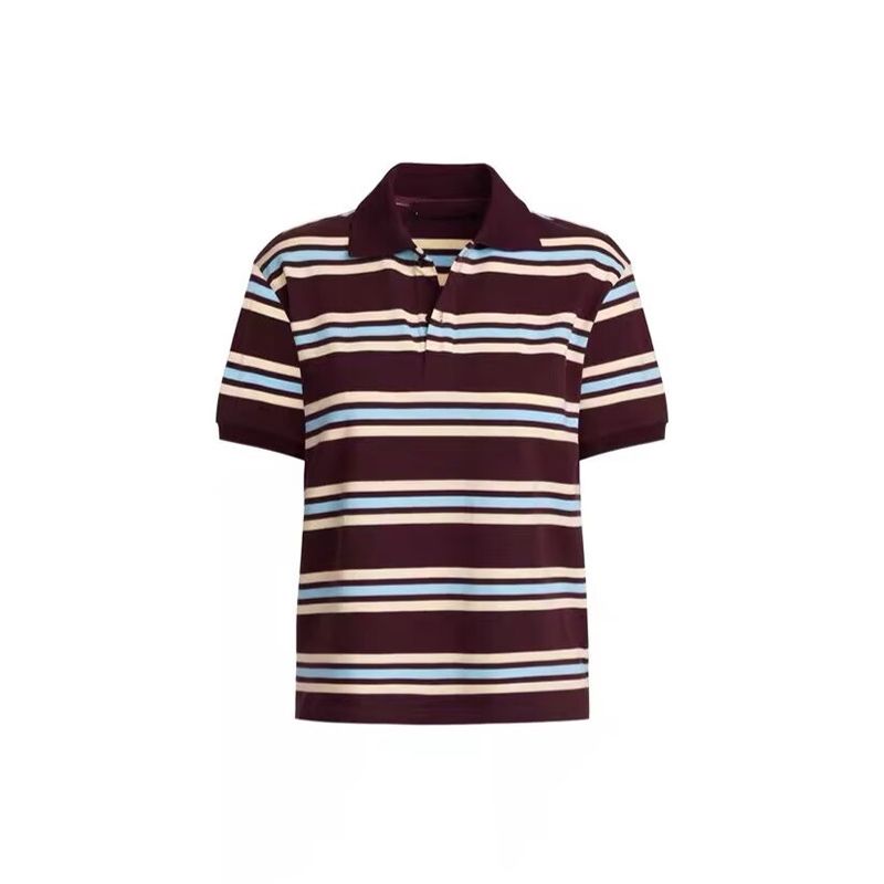 Lioness * American Girl Retro Style Polo Shirt Collar Contrast Color Stripes Short Sleeve Preppy Style Casual All-Matching Tops