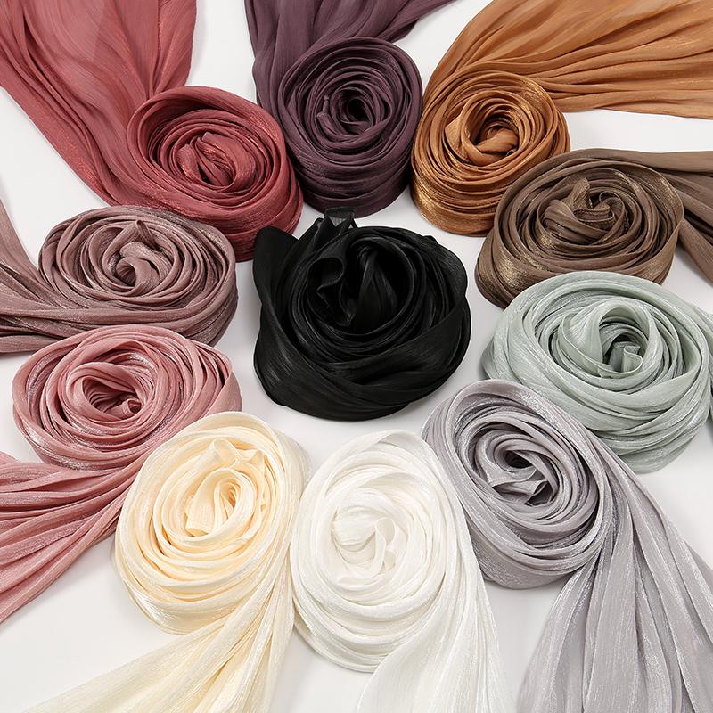 Fashion Shimmer Chiffon Hijab Shawl Crinkle Muslim Headscarf Wrap Solid Color Headband Female Casual Islamic Turban