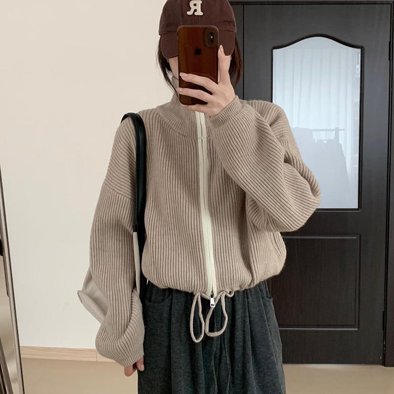 

Женский осенне-зимний вязаный кардиган с воротником-стойкой и двойной молнией, свитер на шнурке one size fits all хаки