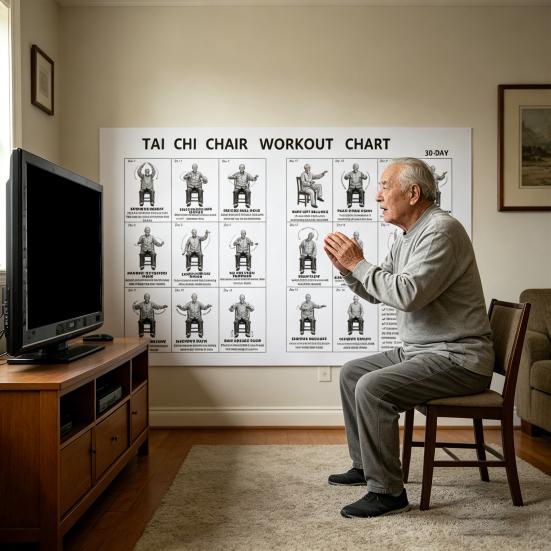 Tableau d'exercices de Tai Chi sur chaise pour seniors Plan d'exercices structuré de 30 jours avec Tai Chi assis et exercices de marche