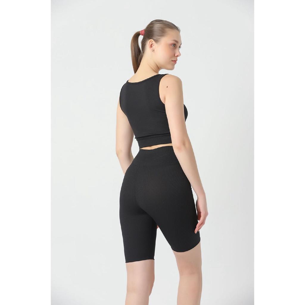 Soutien-gorge de sport côtelé noir confortable et flexible - Ensemble de collants de motard