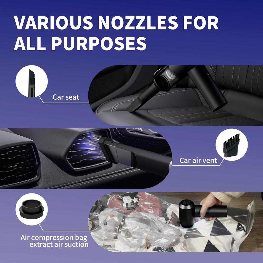 Car Vacuum Cleaner, 16000PA Car Vacuum Portable Cordless, 4-in-1 Mini Handheld Vacuum with Brushless Motor and Type C, Strong Suction Portable Vacuum
