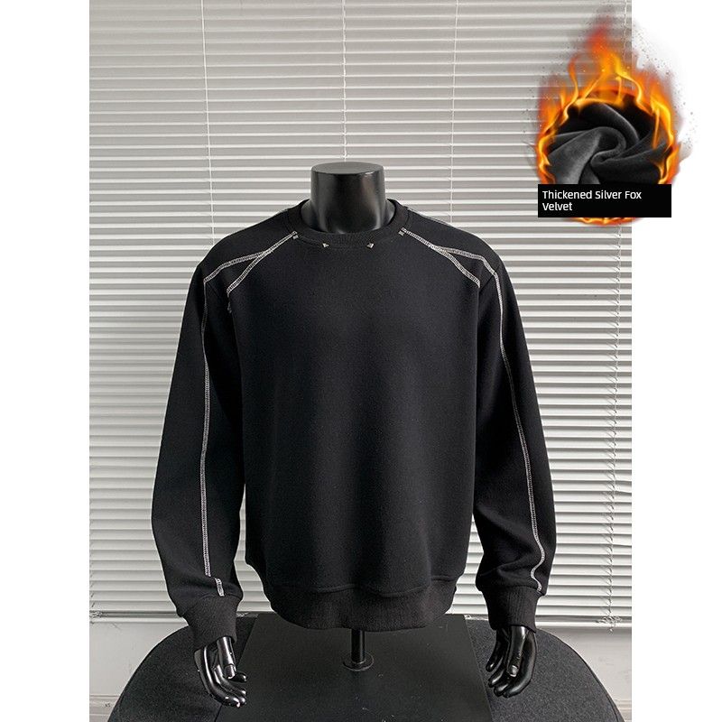 Dongjie No Logo Flus Heavy Cotton 420g Topstitched Rivet Warm Silver Fox Fleece Long-Sleeve Sweatshirt Men s Top Black Fleece-Lined 3XL