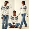 Womens Oversized Crewneck Knit Cardigan With Colorblock Geometric Acrylic Blend Loose Fit Fall Winter Sweater