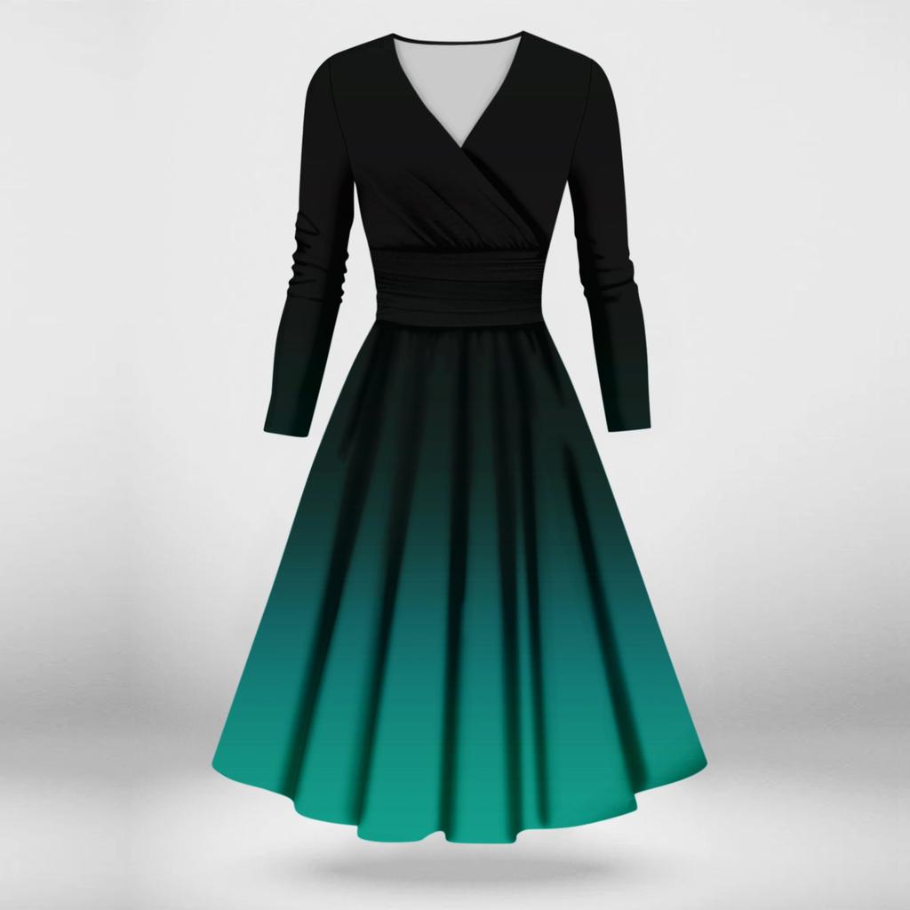 Dámské ležérní a módní sexy šaty s dlouhým rukávem a výstřihem do V s přechodem