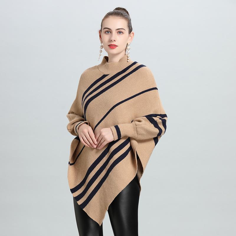 Irregular Striped Semi-Turtleneck Bat Sleeve Pullover Knitted Sweater Cape Female 0950 #