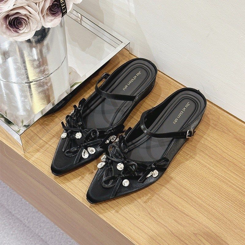 2025 early spring new French heightening pointed bag slippers women's shoes summer 2025 new bow rhinestones
