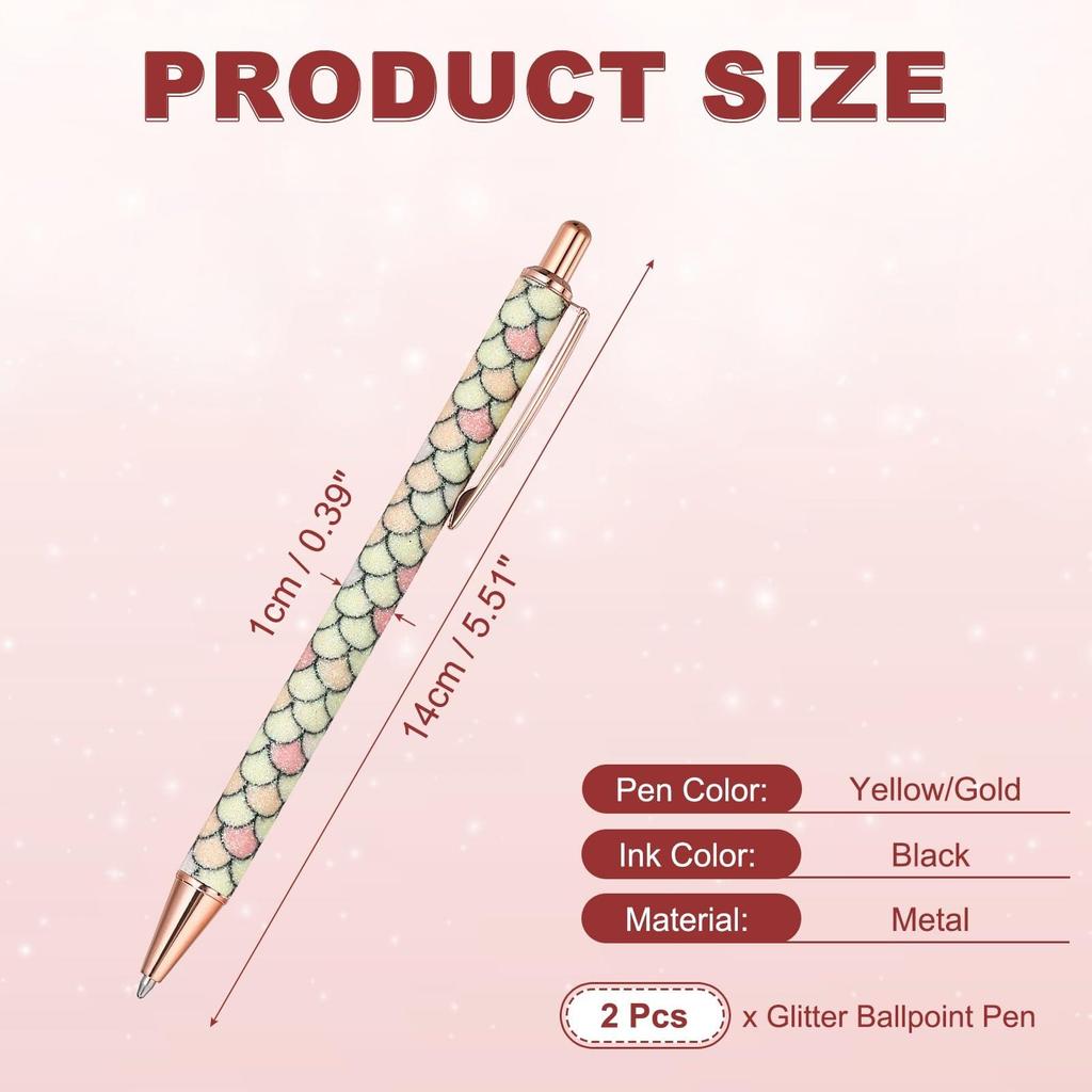 PATIKIL Women's Fancy Ballpoint Pen Set of 2, Medium Point 1.0mm, Black Ink, Glitter Ballpoint Pen, Metal Knock Type, Office Use, Yellow/Gold