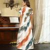 Women Plus Size V Neck Short Sleeve Printed Blue Straight Maxi Dress
