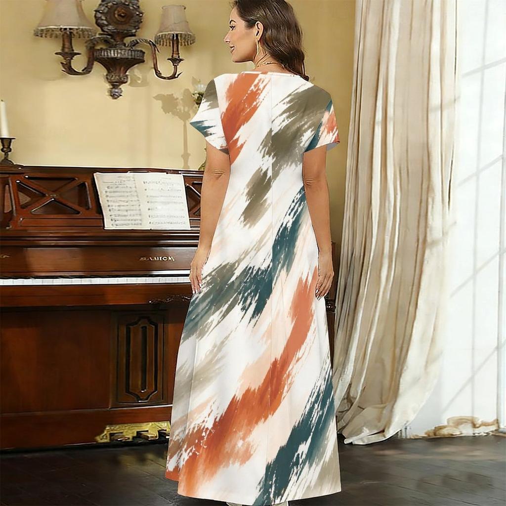 Women Plus Size V Neck Short Sleeve Printed Blue Straight Maxi Dress