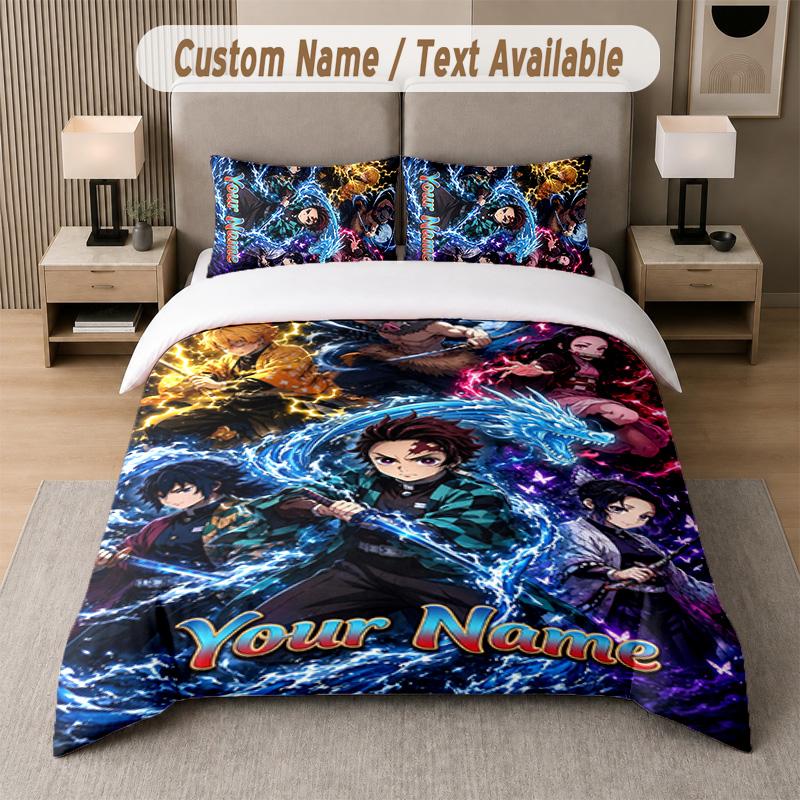 Demon Slayer 3Pcs Bedding Set, Personalized Custom Name Text, 1 Duvet Cover & 2 Pillowcases For Bedroom