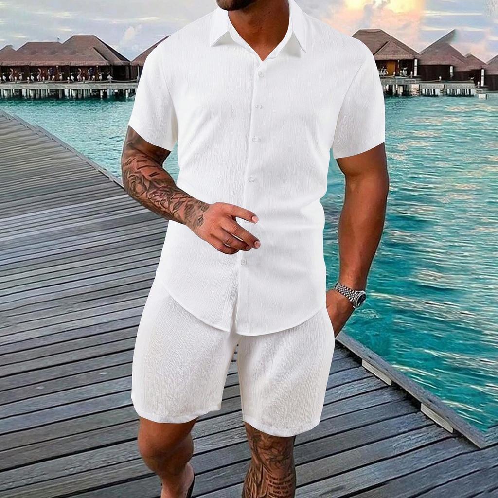 Men's Summer Solid Color Casual Fashion Loose Short-Sleeved Shorts Shirt Suit