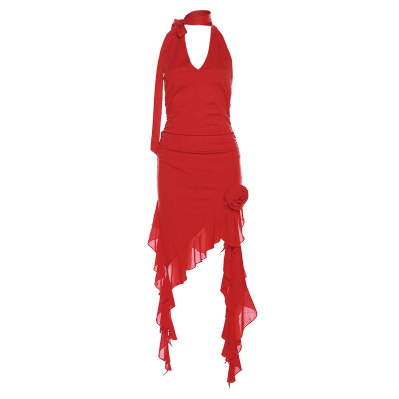 

Weird Puss Sexy Wind Asymmetrical Ruffles Patchwork Three-Dimensional Rose Halterneck Dress Backless Skirt Red S