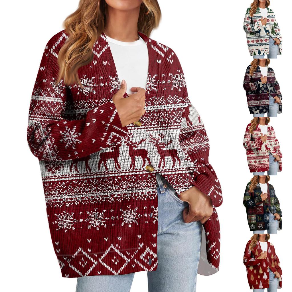Dámský módní kardigan s dlouhým rukávem, vánočním potiskem, výstřihem do V a knoflíky, volný top