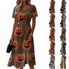 Women Halloween Printed Casual Short Sleeve V Neck Midi Dress with Pumpkin Pattern for Autumn Festival Party