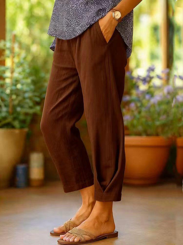 Women's Cotton Linen Elastic Waist Straight Pants