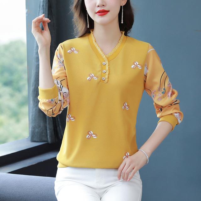 

Новая футболка для мамы, весенне-осенняя модная нижняя рубашка с длинными рукавами, женский топ с v-образным вырезом и принтом, M-4XL XL жёлтый