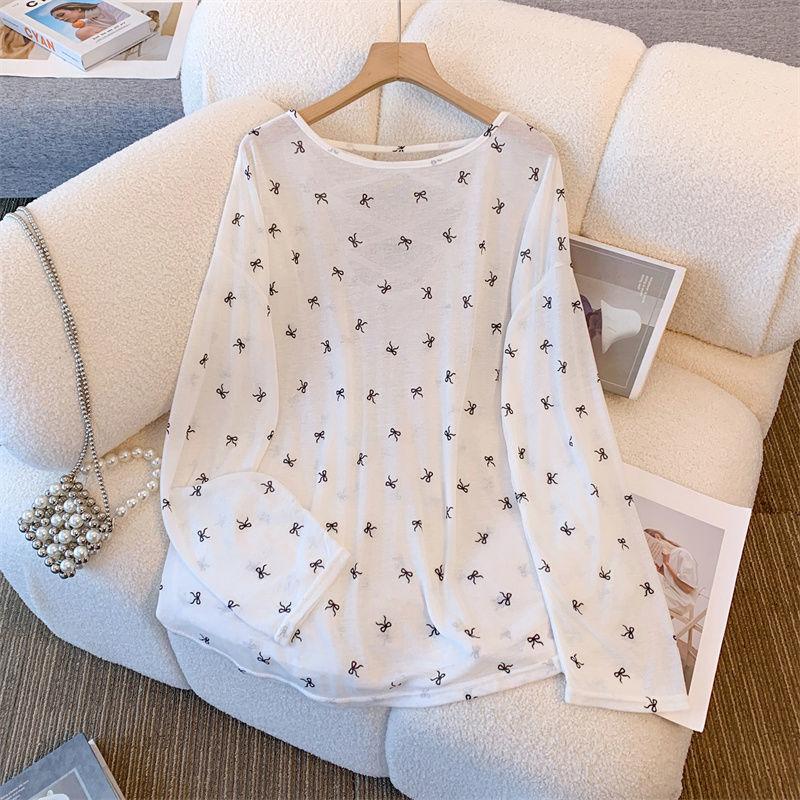 Women's Summer Long Sleeved Thin Cross Hollow Backless Top with Butterfly Print Slightly Transparent Lady T-shirt