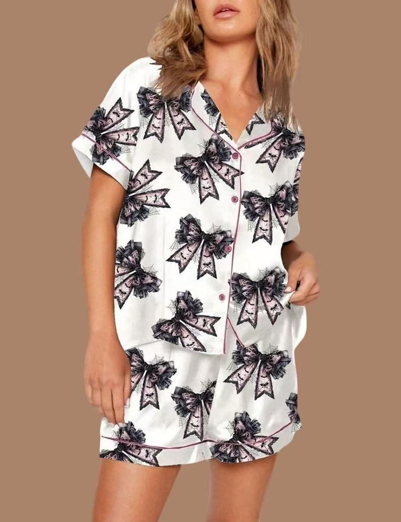 2025 Grenzüberschreitender Weihnachts-Pyjama: Druck Umlegekragen Kurzarm Shorts Hausanzug Set.