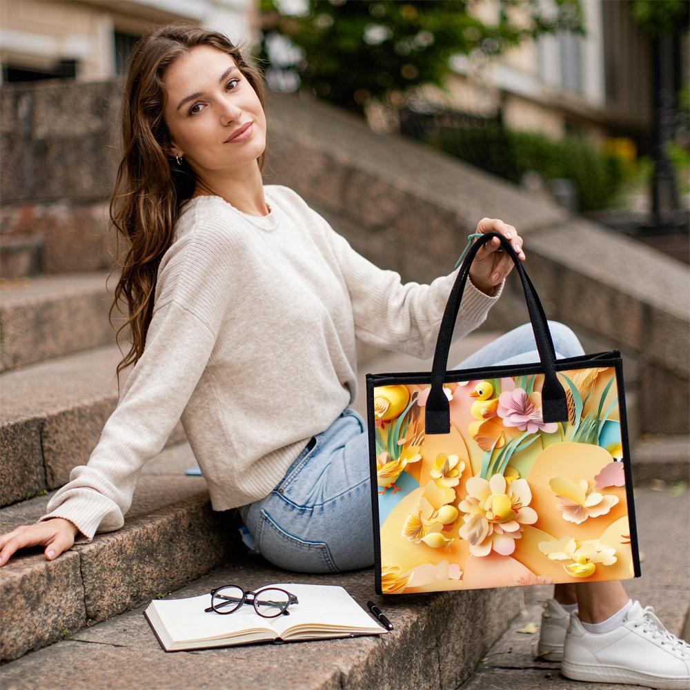 Cute Floral Duck Print Tote Bag Portable Casual Shoulder Handbag for Daily Use