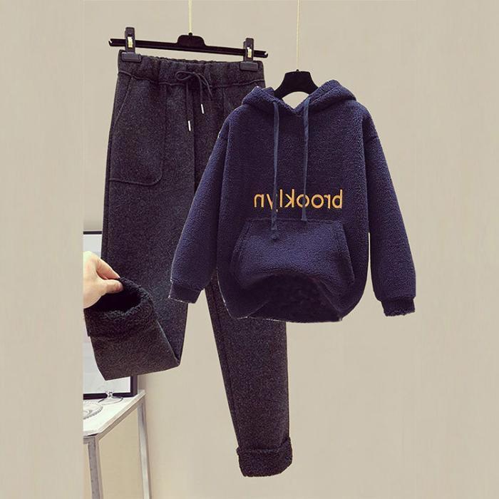 Women's Korean-Style Fleece-Lined Sweatshirt & Nine-Point Wool Pants Set