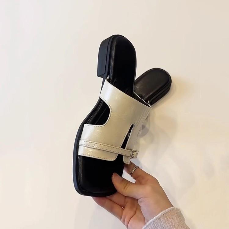 French gentle flat bottom comfortable cool slippers women's wear versatile comfortable belt buckle hollow one-word drag