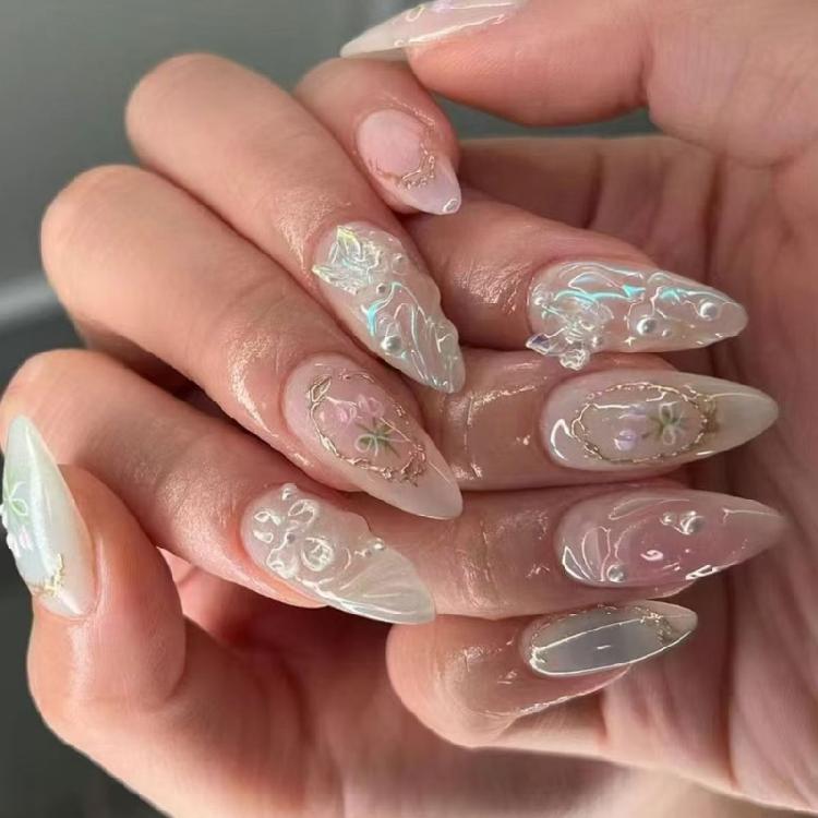 24 stycken rosetter hel täckning självhäftande nagel fjäril press-på-nagel 3D-blomma konstnagel medium mandel lösnagel