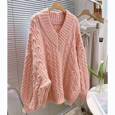 Women's Loose V-neck Cable Knit Sweater for Autumn/Winter - Cozy, Stylish, and Warm