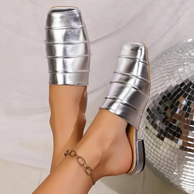 Fashion Baotou Semi-slippers Women Wear New Square Toe Deep Mouth Pleated Soft Sole Non-slip Low-heeled Shoes In Summer