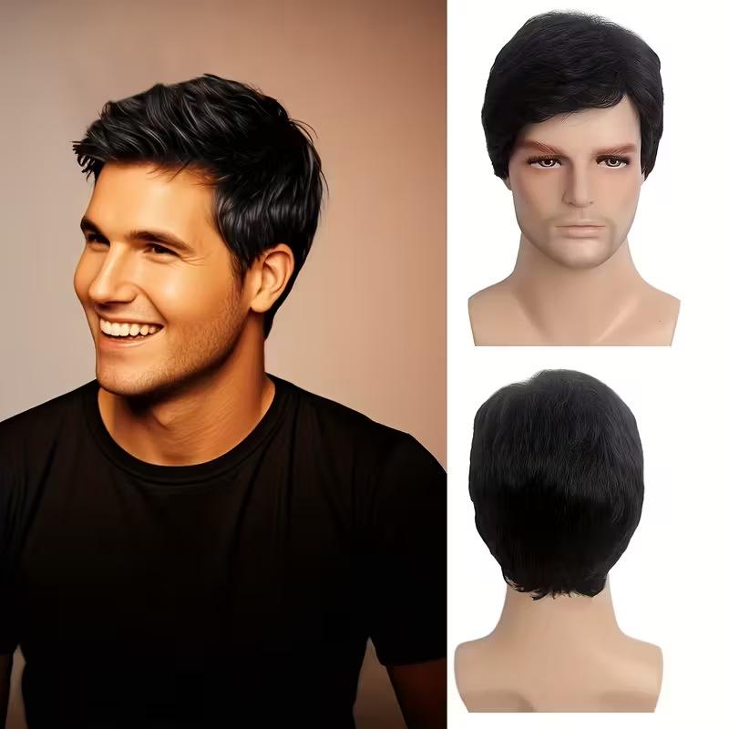 

Men s Black Short Straight Synthetic Wig - Side-Part with Bangs, Breathable Adjustable Cap for Daily, Casual & Party Wear, Ready Stock 8inch