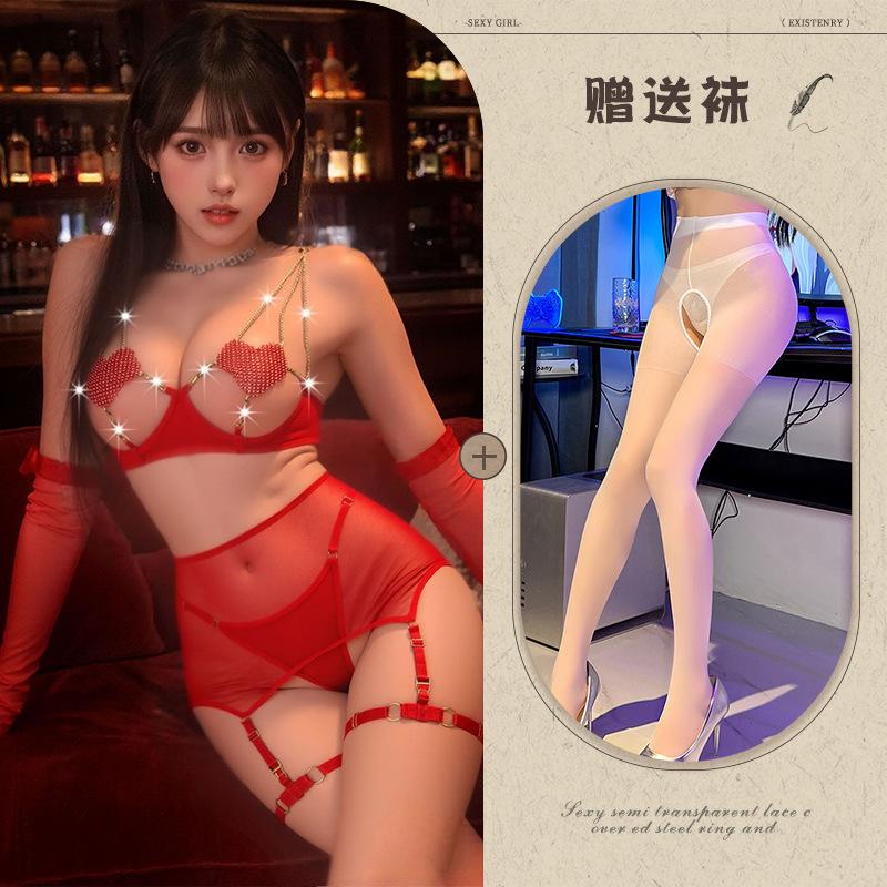 Sex underwear women's love chain hollow perspective temptation mesh bed teasing abstinence soul set