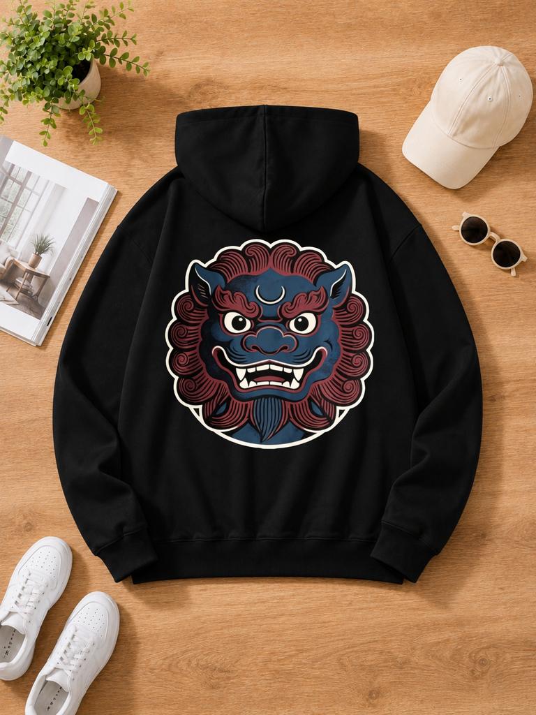 Men's Oversized Japanese Blue Demon Face Print Hoodie - Cotton Blend Streetwear Pullover with Kangaroo Pocket Suitable for Outdoor