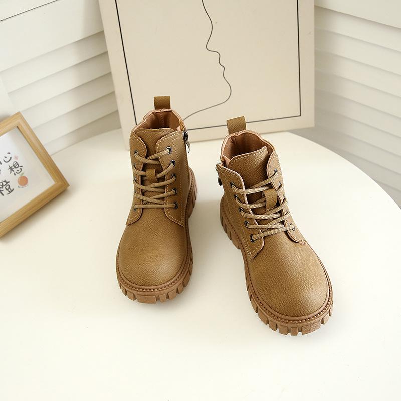 Kids Brown Lace Up Side Zipper Martin Boots 26