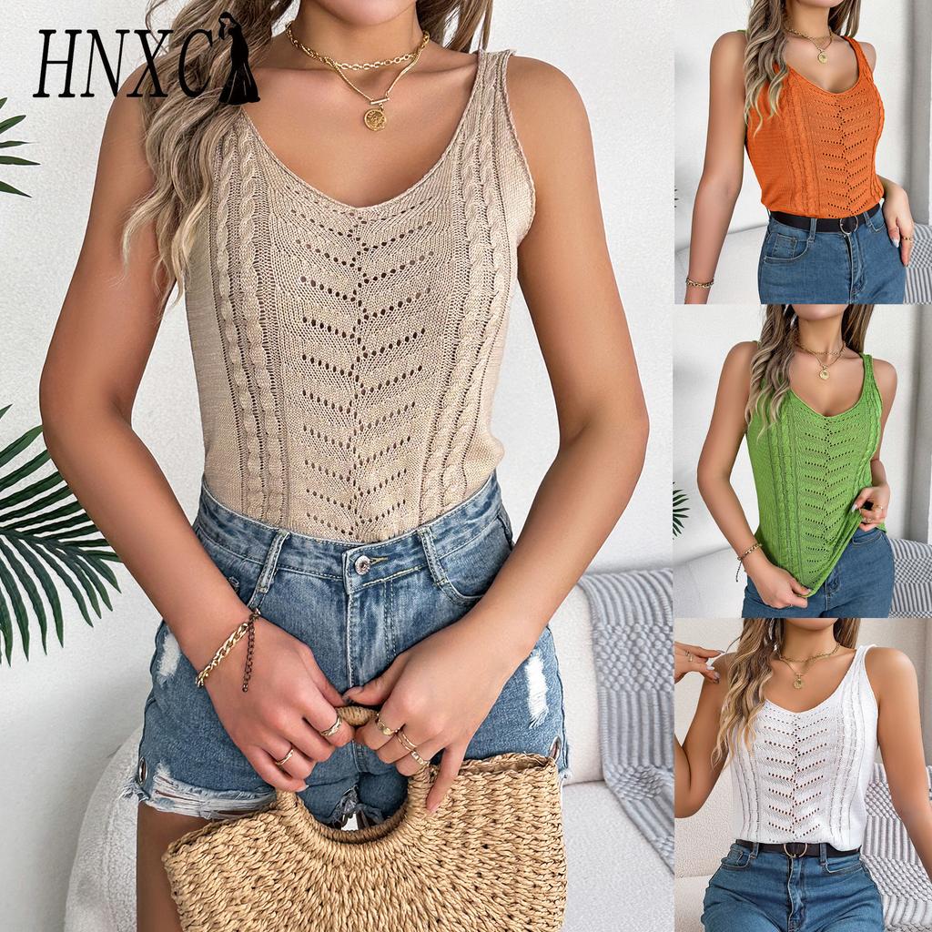 HNXC Spring and Summer Casual Solid Color V-neck Cut-out Top Vacation Knitted Sweater Women's Wear