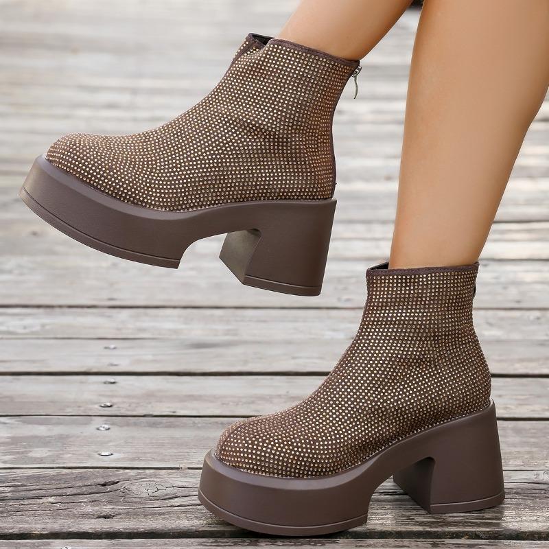 European Platform Women's 2026 Autumn New Rhinestone High Heels Fashion Small Height Booties