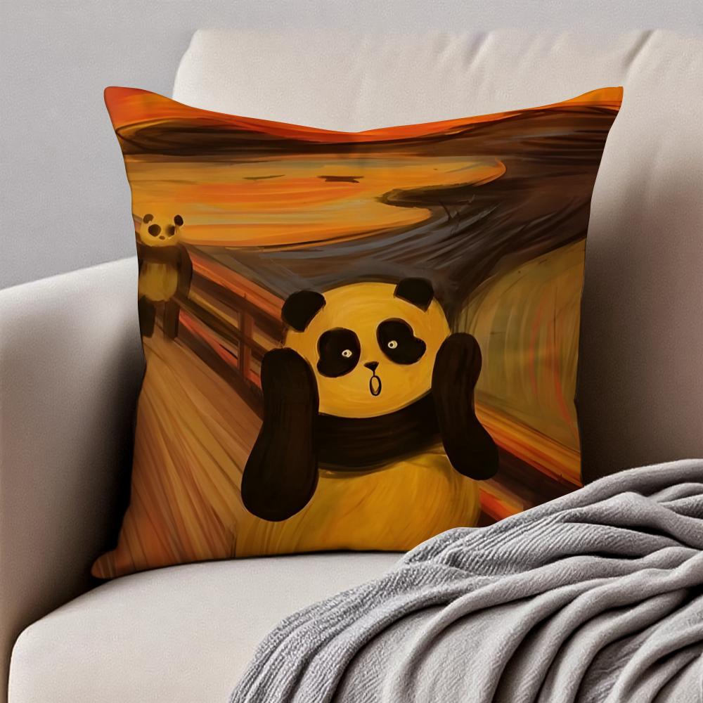 Retro Adorable Cute Panda Cartoon Art Cushion Cover Pillowcase Antidustmite Invisible Zipper Short Plush Sofa Cushion