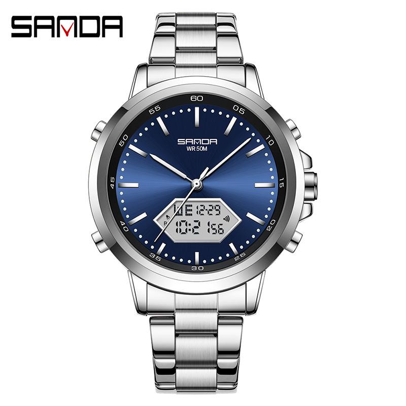 Sanda Men's Multifunction Luminous Waterproof Chronograph Steel Band Dual Display Watch
