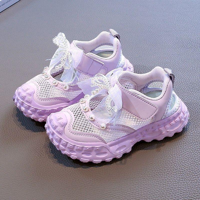 Kids Mesh Breathable Pearl Bow Mary Jane Shoes Thick Sole Soft Casual Walking Sneakers For Girls