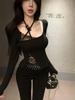 Spicy Girl Halterneck Lace Patchwork Long Sleeve Slim Fit Top - Autumn Winter